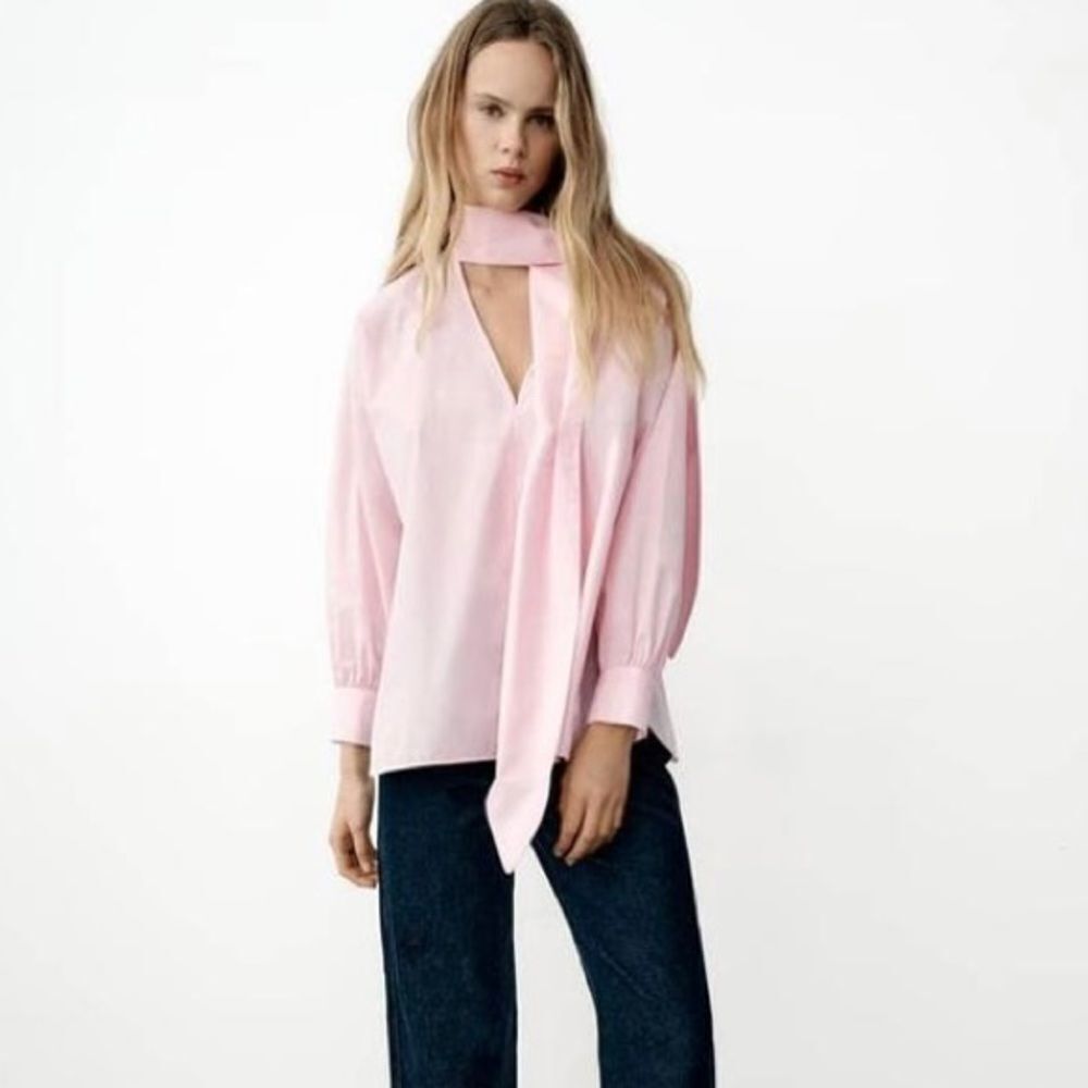 Zara pink tie poplin blouse
